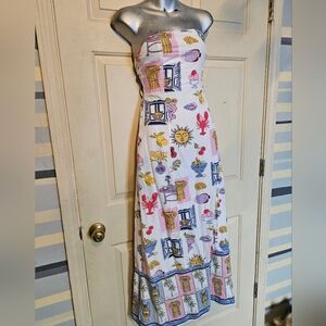 Japna linen blend Greece print strapless maxi sundress. 